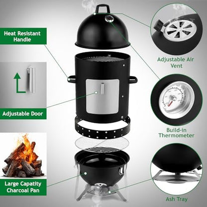 Outvita Vertical 18.8 Inch Steel Charcoal Smoker, 3-in-1 Portable, Black
