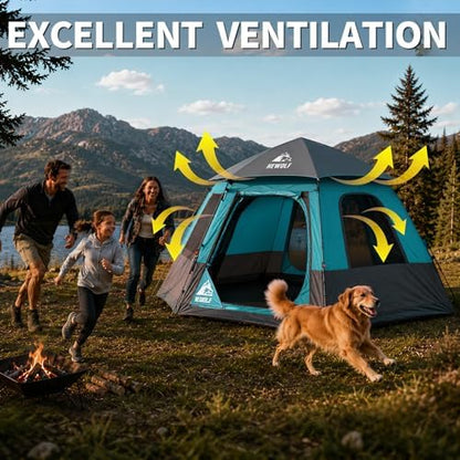 Hewolf 2/3/4 Person Camping Tent - Instant Pop Up Waterproof 2 Doors Tent with Easy Setup | 3-Season Hexagonal Dome Design for Family, Hiking & Traveling