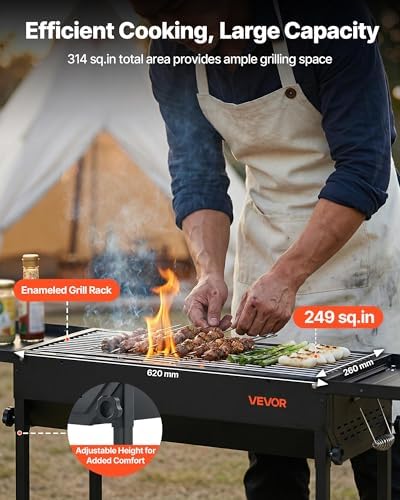 VEVOR Foldable Charcoal Grill, Portable Charcoal Barbecue Grill with Adjustable Height & Folding Side Tables, High-Temp Powder-Coated Steel Outdoor BBQ Grills for Camping Backyard Parties