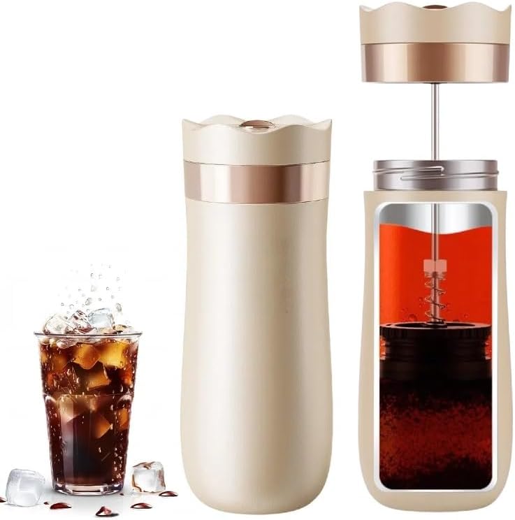 Travel French Press Coffee Maker 12oz Portable French Coffee Cup Double Walled Stainless Steel Vacuum Insulated Coffee Mug and Tea Maker Mini Vacuum Great for Camping and Traveling