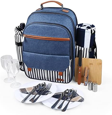 Sunflora Picnic Backpack for 2 Person, Picnic Basket Set (Blue & Stripe)
