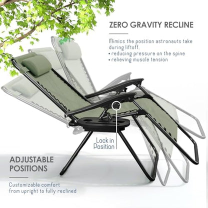 Nestl Zero Gravity Chairs 1 Pk, Portable Patio Lounge Outdoor with Pillows & Cup Holder Trays, Adjustable Steel Lawn Chair for Deck, Beach - Sage Green