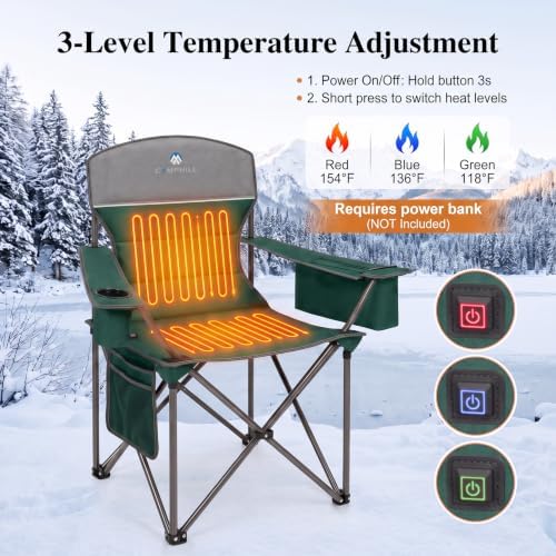 Heated Camping Chairs 2 Pack - Heavy Duty 400LBS Padded Lawn Chair with Cup Holder,Side Pocket,Collapsible for Outdoor,Camp,Fishing & Garden,Dark Green,Battery NOT Included