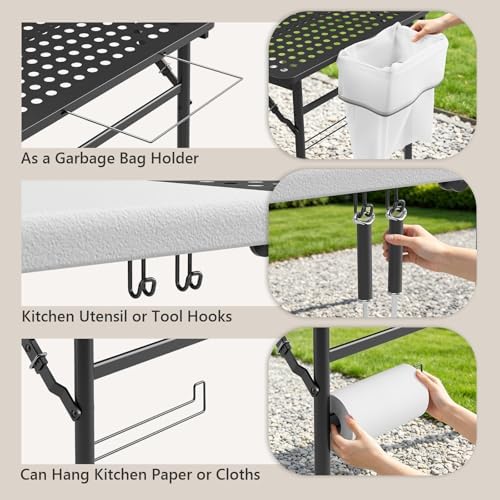 2 Pack 5ft Folding Table for Picnic Camping, Portable Outdoor Table with Metal Grid Grilling Surface, Heavy Duty Foldable Table for Cook Prep,Suitable for Camping, Backyard, Patio and Beach.