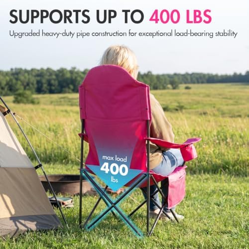 EVER ADVANCED Oversized Camping Chairs, Folding Chairs for Outside Heavy Duty 400LBS Lawn Chairs High Back Camp Chair with Cup Holder for Outdoor, Fishing & Sports, Pink