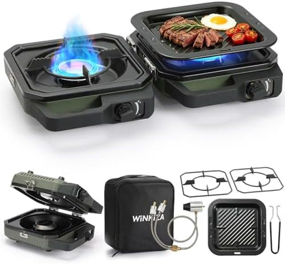 WINKIZA 304 Stainless 2 Burner Propane Camping Stove with Dual-outlet Gas Hose，Portable Floding Propane Camp Stoves with 24000BTU，Camping Essentials Gear Includes Frying Pan, Stand,Clip & Carry Bag