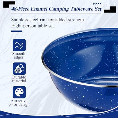 Nuogo 48 Pcs Camping Dinnerware Enamel Mugs Plates Bowls Utensils, Blue