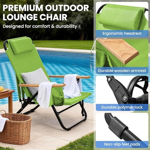 2 Pack Premium 5-Position Reclining Camping Chair - Portable Folding Lightweight Outdoor Chair with Wooden Armrests, Headrest & Pockets, 350lbs Heavy Duty for Beach, Patio, Light Green