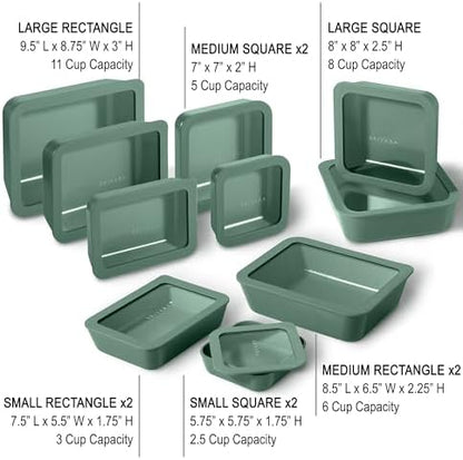 20-Piece Glass Food Storage Containers Set with Lids (10 Containers + 10 Lids) | Microwave-Safe Airtight Seal, Oven-Safe Ceramic-Coated Glass | Zero Plastic, No PFAS/PFOA/BPA [Pine]