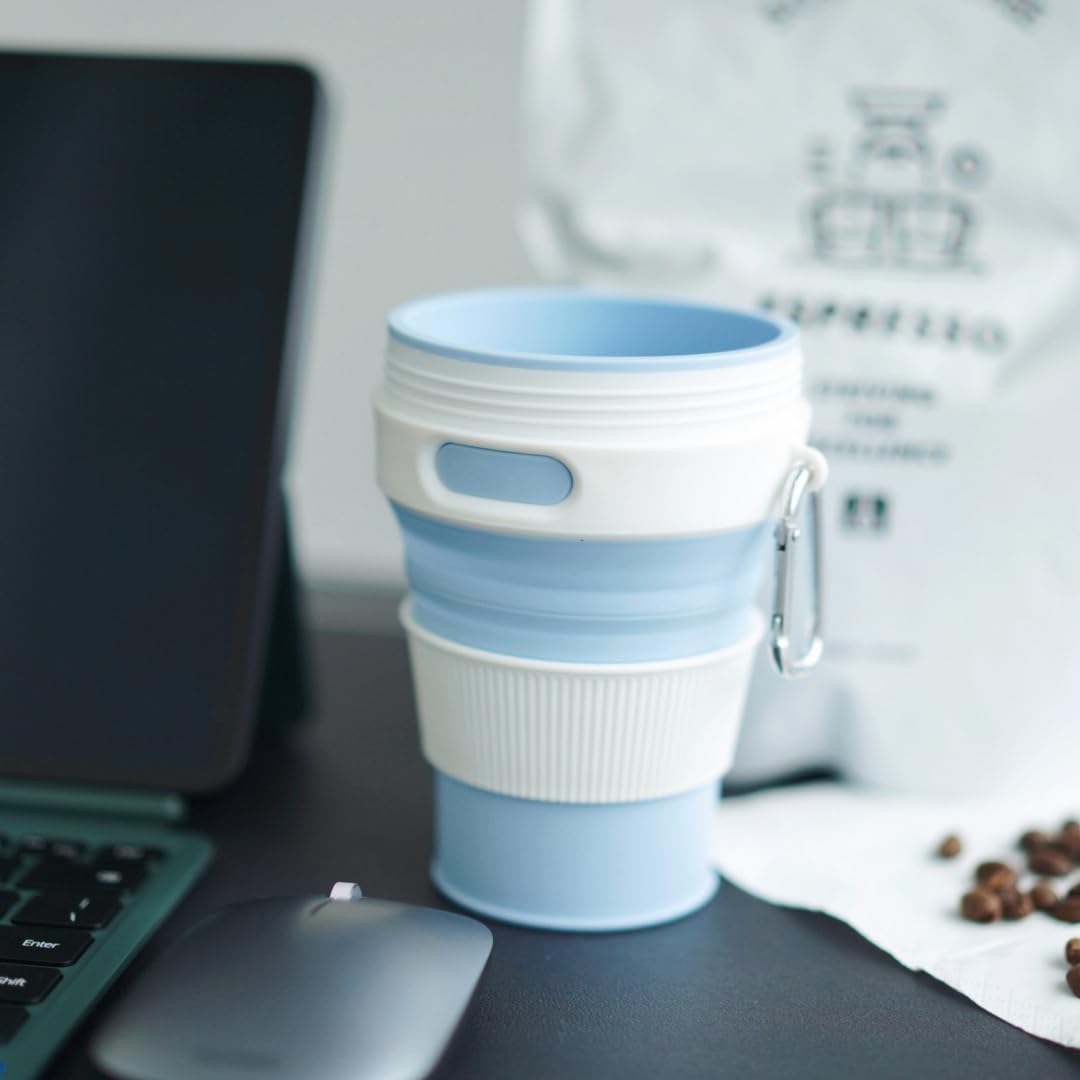 Silicone Collapsible Travel Mug Blue 15oz / 450ml - Leak-Proof Reusable Silicone Water Bottle for Hot and Cold Beverages - Travel Office and Home - Dishwasher Safe - Straw Included