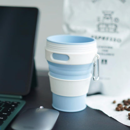 Silicone Collapsible Travel Mug Blue 15oz / 450ml - Leak-Proof Reusable Silicone Water Bottle for Hot and Cold Beverages - Travel Office and Home - Dishwasher Safe - Straw Included