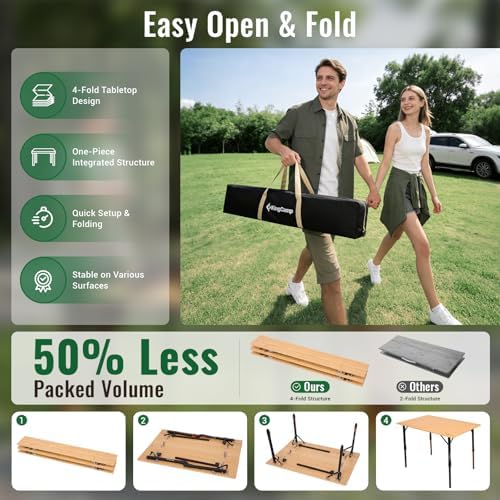 KingCamp Bamboo Folding Camping Table with Adjustable Legs