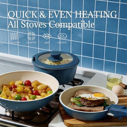 8Pcs Pots and Pans Set Nonstick Ceramic Cookware Set Removable Handle Induction Kitchen Cooking Set with Frying Pans and Sauce Pan, Blue