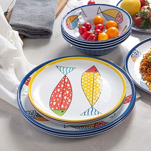 Melamine Dinnerware Set for 4,12PCS Fish Plates and Bowls Sets