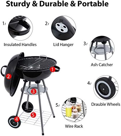 Charcoal Grill 18 inch Barbecue Grill with Waterproof Grill Cover for Outdoor Courtyard Picnic Camping Tailgating BBQ Kettle