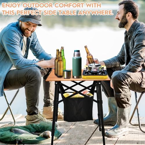 Aluminum Camping Side Table, Compact Folding Outdoor Portable Beach Small Camp Table with Carry Bag and Storage, Picnic, Hiking, Fishing, Grill(Wooden)