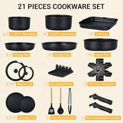 Ammeloo 21Pcs Pots and Pans Set Non Stick with Detachable Handle, Grill Pan