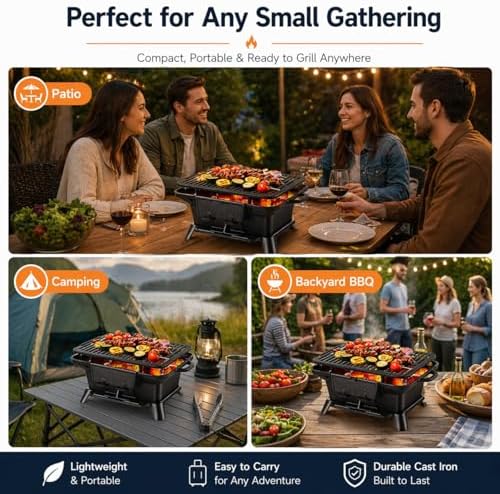 Hibachi Grill Outdoor, Portable Mini Charcoal Grill, Pre-Seasoned Cast Iron, Small Japanese Yakitori Tabletop Skillet Grill Stove for Outdoor Camping