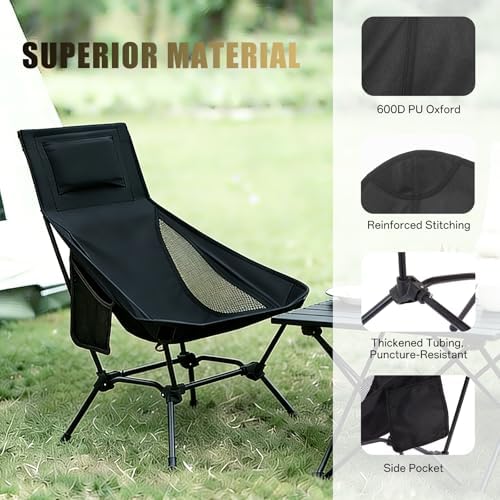 High Back Camping Chair with Pillow, 2-in-1 Height Adjustable, Heavy Duty