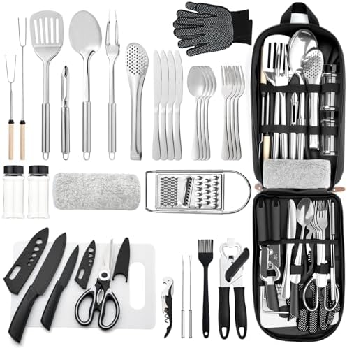 THTYBROS Portable Camping Kitchen Utensil 34 Pcs Set- Cookware Kit, Stainless Steel Outdoor Cooking and Grilling Utensil Organizer Travel Set Perfect for Travel, Picnics, RVs, Camping, BBQs, Parties
