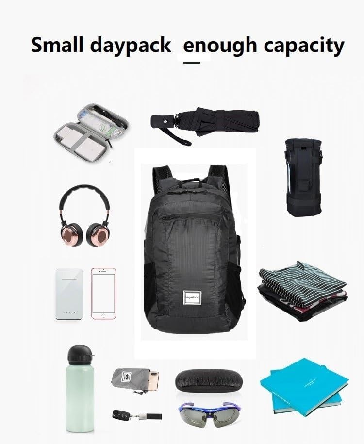 Small Foldable Hiking Daypack Packble Skin Casual Backpack Camping Cycling Travel Outdoor Day Bags Useful (Black)