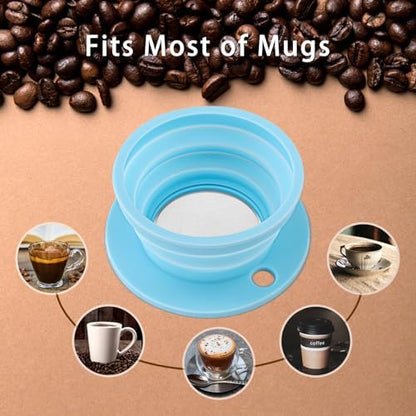 Collapsible Pour Over Coffee Dripper Single Cup, Paperless Travel Pour Over Coffee Maker Camping, Drip Coffee Maker with Reusable Metal Filter (Blue)