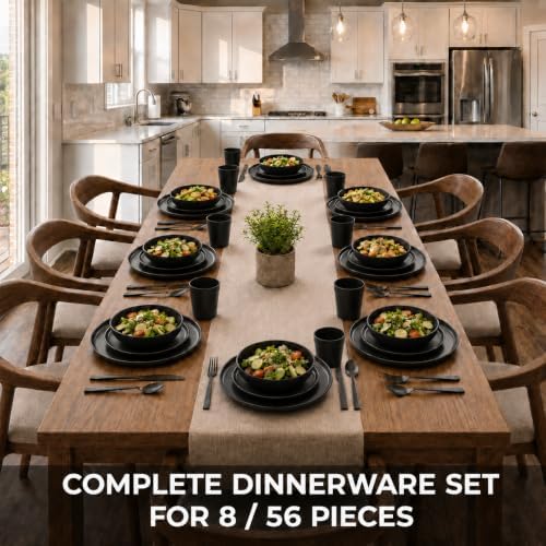 56 Piece Plates and Bowls Sets for 8, Kitchen Dinnerware Sets, Plastic