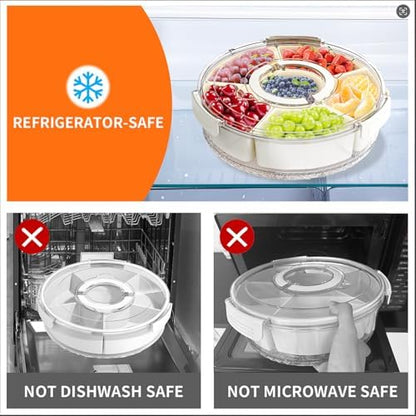 Divided Serving Tray with Lid and Handle, Portable Snackle Box Container for Fruits Snacks Charcuterie Organizer, Spinning Rounded Veggie Tray for Kitchen, Party, Travel and Picnic
