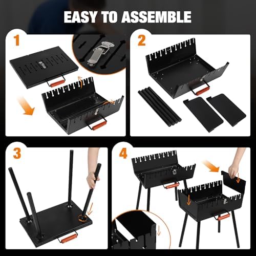 Portable Mangal Grill, Foldable Heavy Duty Charcoal BBQ Grill for Kabob, Kebab and Shashlik, Compact Case Design Tool-Free Assembly Outdoor Grill for Backyard Camping Travel and Hiking
