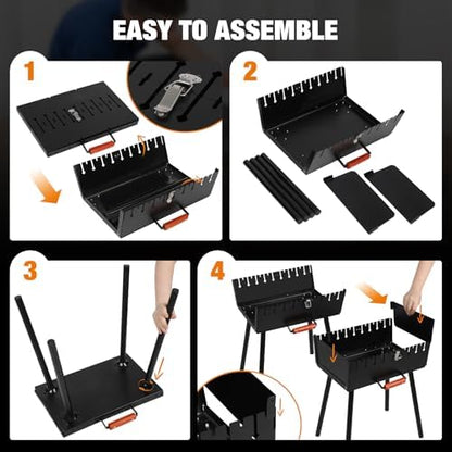 Portable Mangal Grill, Foldable Heavy Duty Charcoal BBQ Grill for Kabob, Kebab and Shashlik, Compact Case Design Tool-Free Assembly Outdoor Grill for Backyard Camping Travel and Hiking