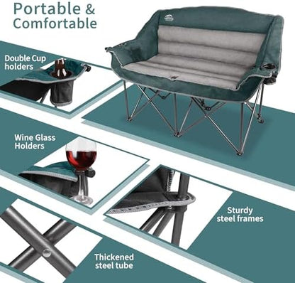 Fully Padded Folding Double Camping Chairs,Comfy Oversized Loveseat Lawn Chair w/Wine Glass Holder,Cup Holder,Heavy Duty Outdoor Portable Camp Couch Support 600 Lbs,Dark Green