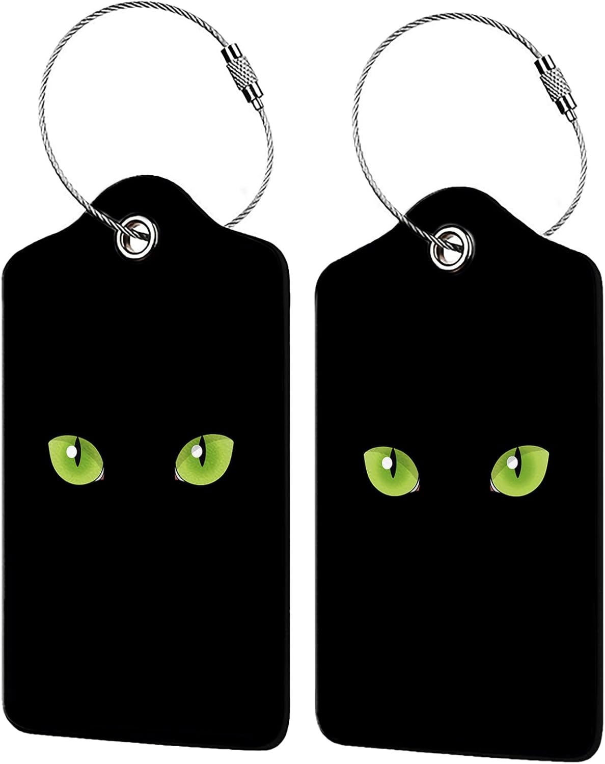 Black Cat Eyes 2 Pack Luggage Tag for Suitcase, Cute Unique Leather Bag Tags Identifiers Privacy Cover ID Label with Steel Loop for Women Men Kids Girls Travel