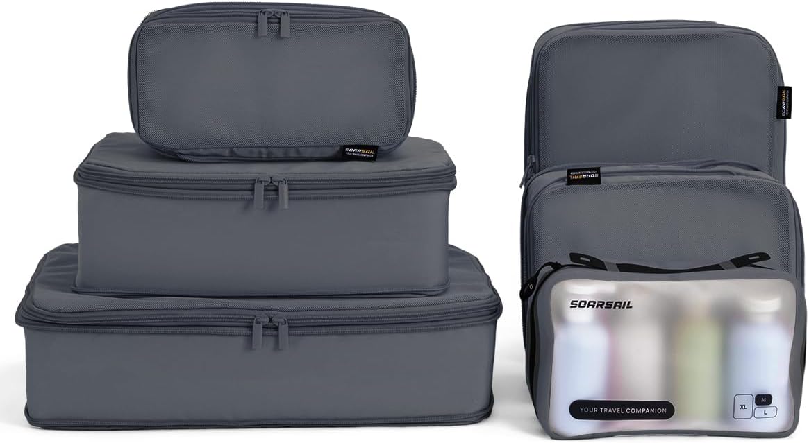 6 Set Compression Packing Cubes for Travel, Large Medium Small Luggage Organizers, Storage Bags for Clothes (6 Pack, Charcoal Gray)