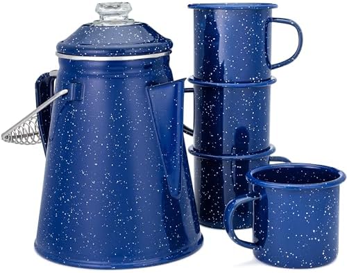 COLETTI Classic Enamel Set Coffee Percolator & Mugs — The Most Nostalgic Camping Coffee Pot, Now Modernized [Blue Enamel, 12 Cup Percolator Coffee Pot & Set of 4 Mugs]