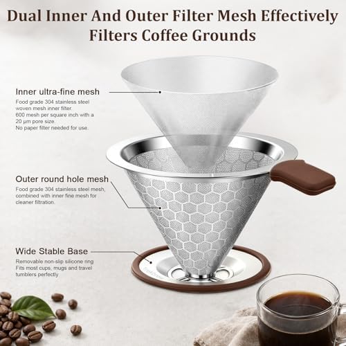 Pour Over Coffee Dripper, Stainless Steel Coffee Filter 600 Mesh Ultra-Fine,Paperless Reusable Coffee Filter,1-2 Cup Portable Single Serve Coffee Maker for Home Office Travel