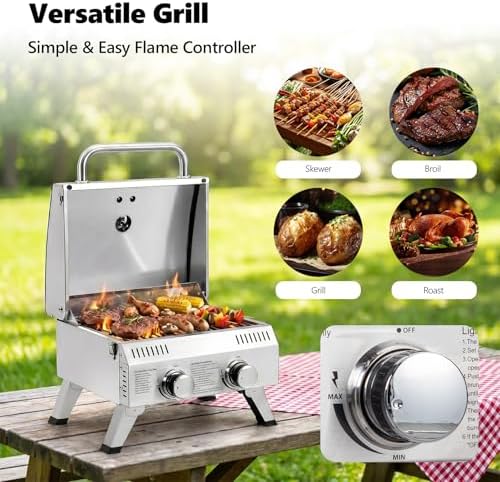 ROVSUN 20000 BTU Stainless Steel Propane Gas Grill with Ignition, 2 Burner Portable Tabletop Grill with Folding Legs & Lockable Lid for Outdoor Patio Garden BBQ Picnic RV Tailgating Camping Cooking