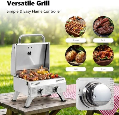 ROVSUN 20000 BTU Stainless Steel Propane Gas Grill with Ignition, 2 Burner Portable Tabletop Grill with Folding Legs & Lockable Lid for Outdoor Patio Garden BBQ Picnic RV Tailgating Camping Cooking