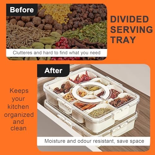 Snackle Box Container, Divided Serving Tray with Lid and Handle, 8 Compartment Portable Snack Box Containers, Clear Storage Organizer for Fruit Candy Nuts Veggie, Perfect for Road Travel Party