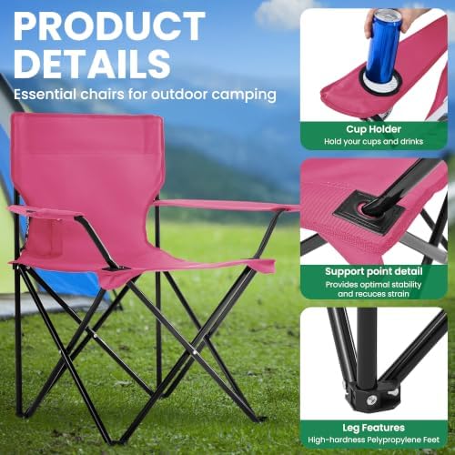 4 Pack Folding Camping Chairs for Outdoor, Foldable Portable Lawn Chairs with Carry Bag & Cup Holder, Compact Design for Camp, Beach, Picnics, and Fishing Supports 300LBS（Pink）