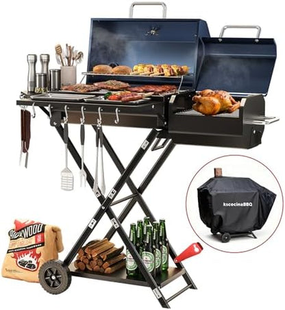 Portable Charcoal Grill with Smoking Function, Foldable Suitcase Design with Wheels, Multi-Tier Storage Rack & Waterproof Cover for Outdoor BBQ Parties (Blue)