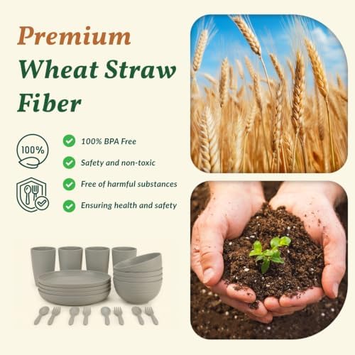 Homienly Wheat Straw Dinnerware Sets 20 PCS Unbreakable Plates and Bowls Sets Microwave Safe Camping Dish Set Kids Dinnerware Set, Kitchen, Apartment, Party, RV, Picnic, Dorm-Grey