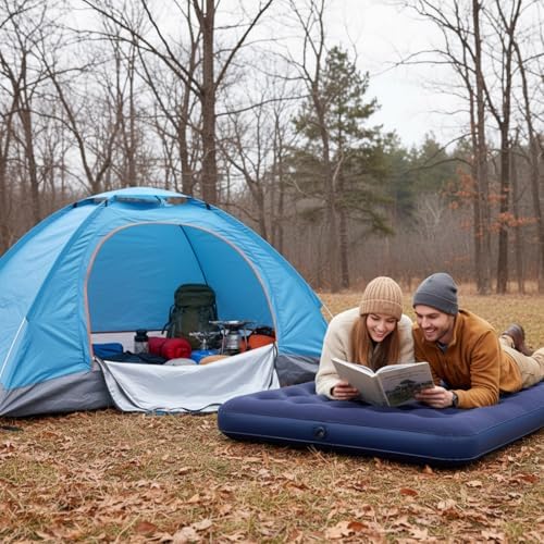 4 Pcs Camping Tent Set Include 1-2 Person Tent, Sleeping Bag, Air Mattress and 110v Ac/12v Electric Air Pump with 3 Nozzles Easy Set up Shelter with Rain Fly and Carrying Bag for Outdoor