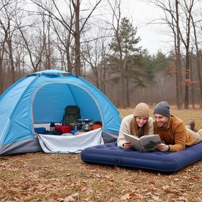 4 Pcs Camping Tent Set Include 1-2 Person Tent, Sleeping Bag, Air Mattress and 110v Ac/12v Electric Air Pump with 3 Nozzles Easy Set up Shelter with Rain Fly and Carrying Bag for Outdoor