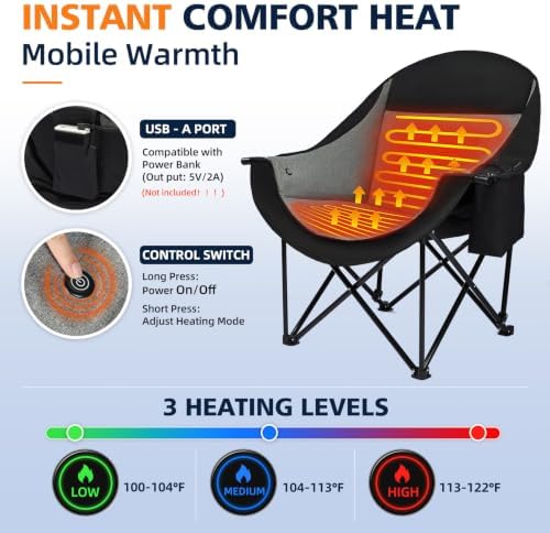 Heated Camping Chair - Oversized Outdoor Folding Chair for Adults