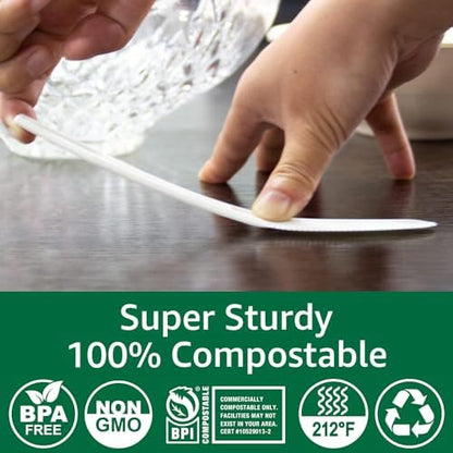 100% Compostable No Plastic Knives Plastic Forks Plastic Spoons Plastic Utensils, The Heavyweight Heavy Duty Flatware is Eco Friendly Products for Lounge Party Wedding BBQ Picnic Camping.