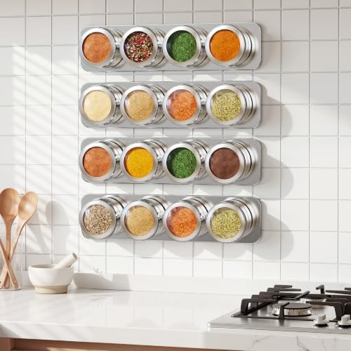 Vetacsion Set of 16 Magnetic Spice Tins with 4 Metal Wall-Plates,120 Preprinted Seasoning Label Stickers,2 Styles for 3 oz Herb Jars