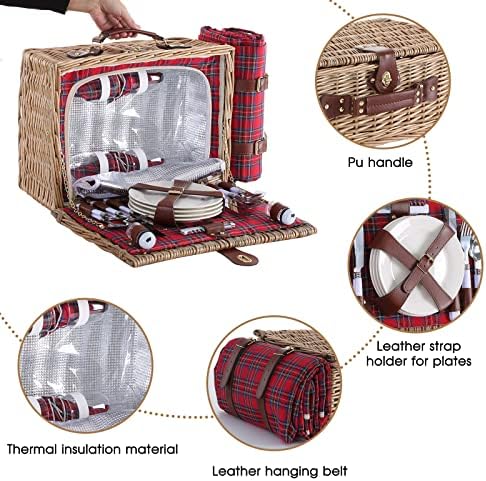 Wicker Picnic Basket for 4 with Waterproof Picnic Blanket