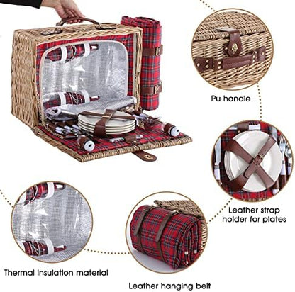 Wicker Picnic Basket for 4 with Waterproof Picnic Blanket