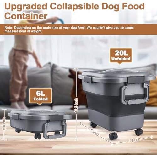 Dog Food Storage Container, 10-20 lbs Airtight Collapsible Cat Food Storage Container with Attachable Wheels, Portable Handle, Dog Food Scoop for Dog Cat Bird Pet Dry Food Storage Bin Dark Grey