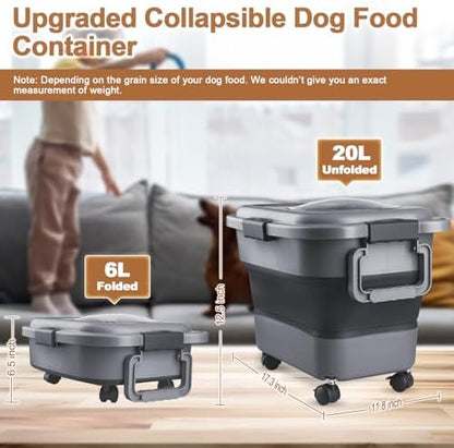 Dog Food Storage Container, 10-20 lbs Airtight Collapsible Cat Food Storage Container with Attachable Wheels, Portable Handle, Dog Food Scoop for Dog Cat Bird Pet Dry Food Storage Bin Dark Grey
